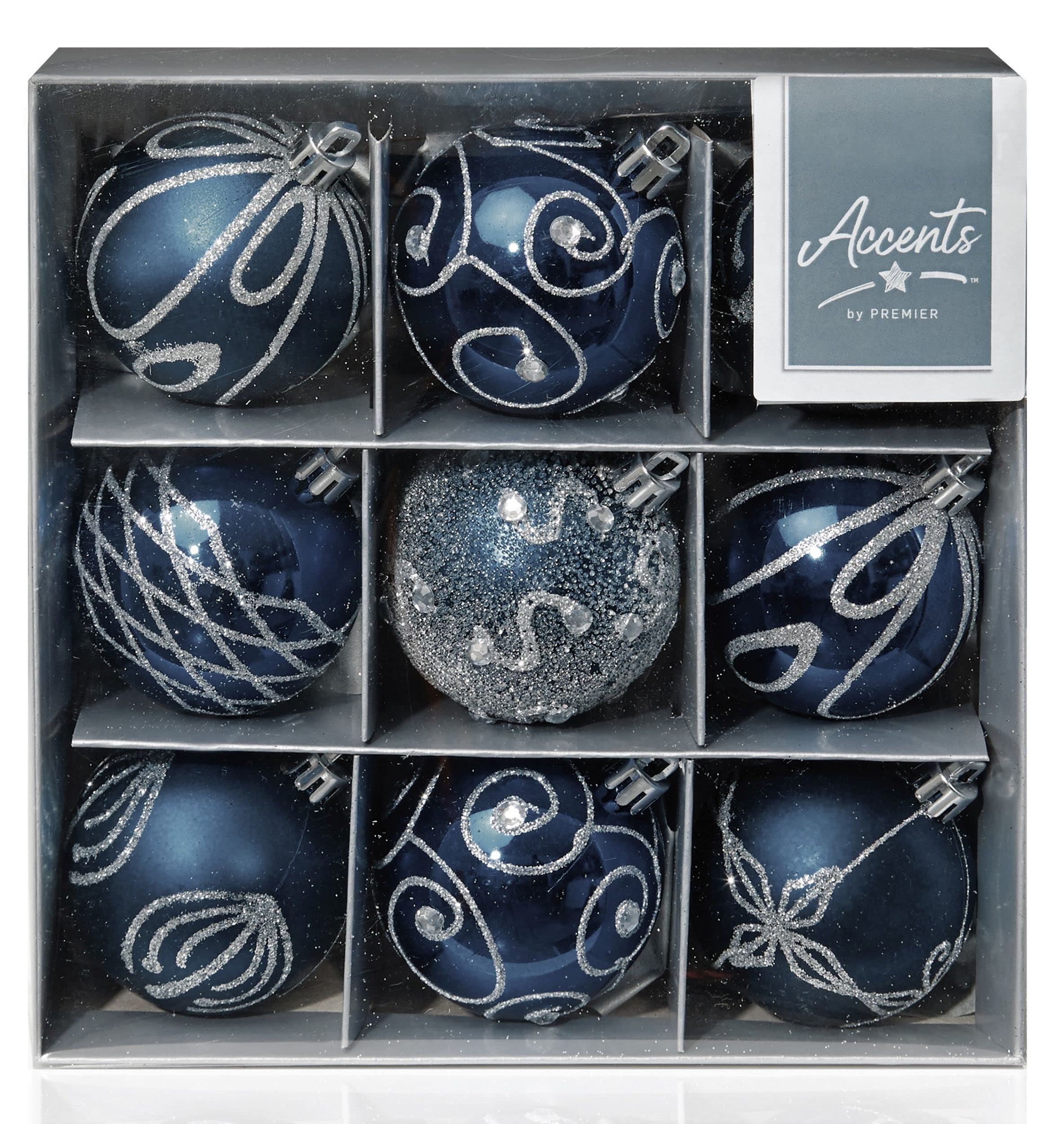 Set of 9 Midnight Blue Christmas tree baubles, Plastic, 6cm by Premier