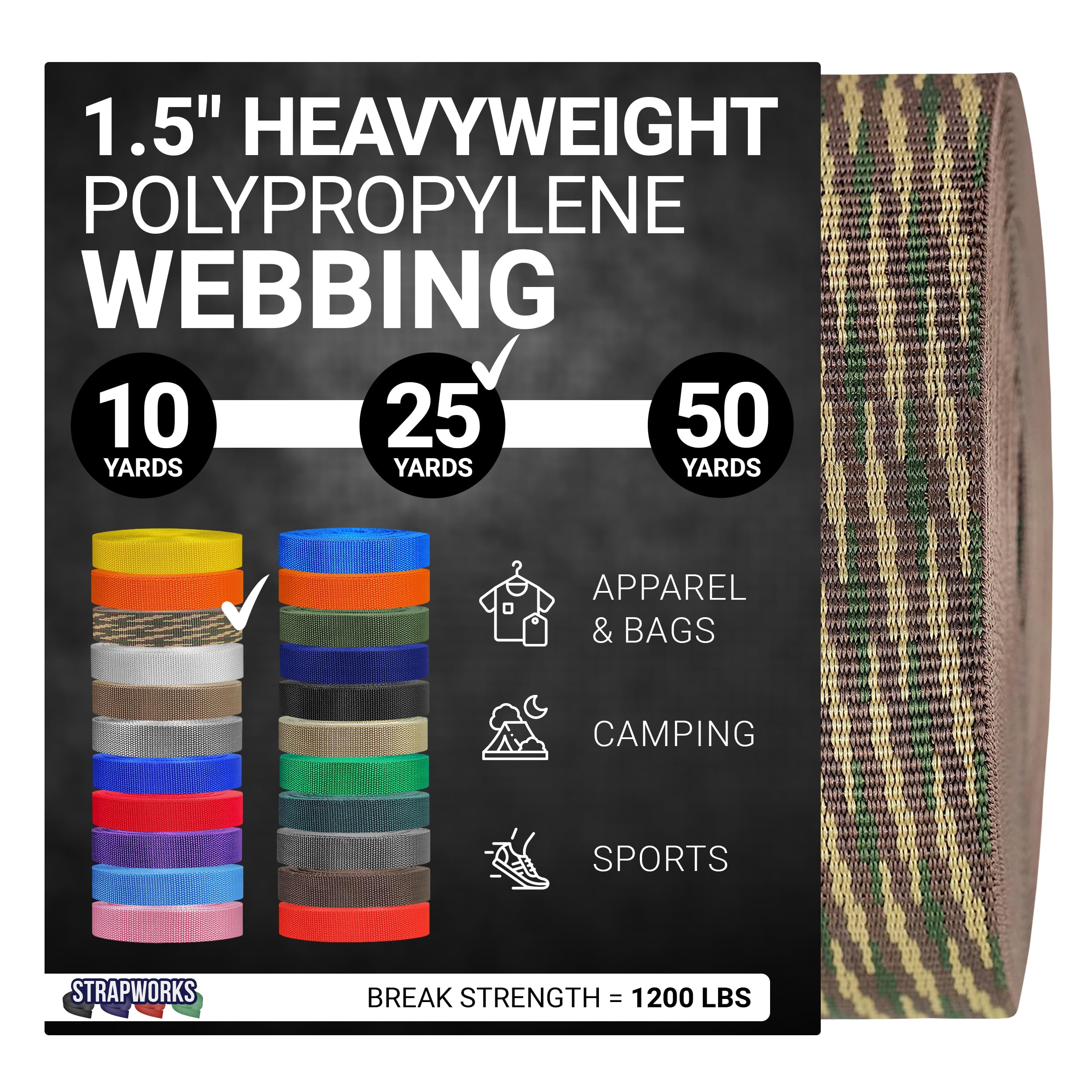 Strapworks Heavyweight Polypropylene Webbing - Heavy Duty Poly Strapping for Outdoor DIY Gear Repair, 1.5 Inch x 25 Yards, Woodland Camo