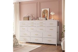 ENHOMEE Dresser TV Stand with Power Outlets for 60" TV Stand for Bedroom White Dresser for Bedroom with 16 Drawers, Entertainment Center with Storage Media TV Console Table, 51.1''W*11.8''D*34.8''H