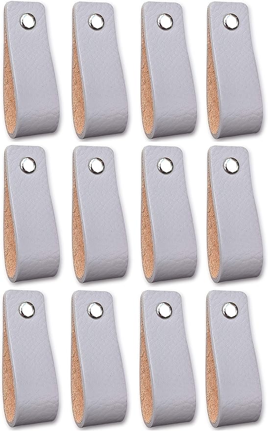 Tiradores de piel para muebles, color gris claro, 12 unidades, para
