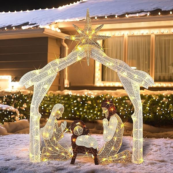 HOURLEEY 4FT LIGHTED CHRISTMAS NATIVITY SCENE, CHRISTMAS OUTDOOR DECORATIONS WITH 120 COUNT PRE-LIT WARM WHITE LIGHTS, HOLY FAMILY FOR XMAS OUTSIDE YARD GARDEN HOLIDAY DECOR