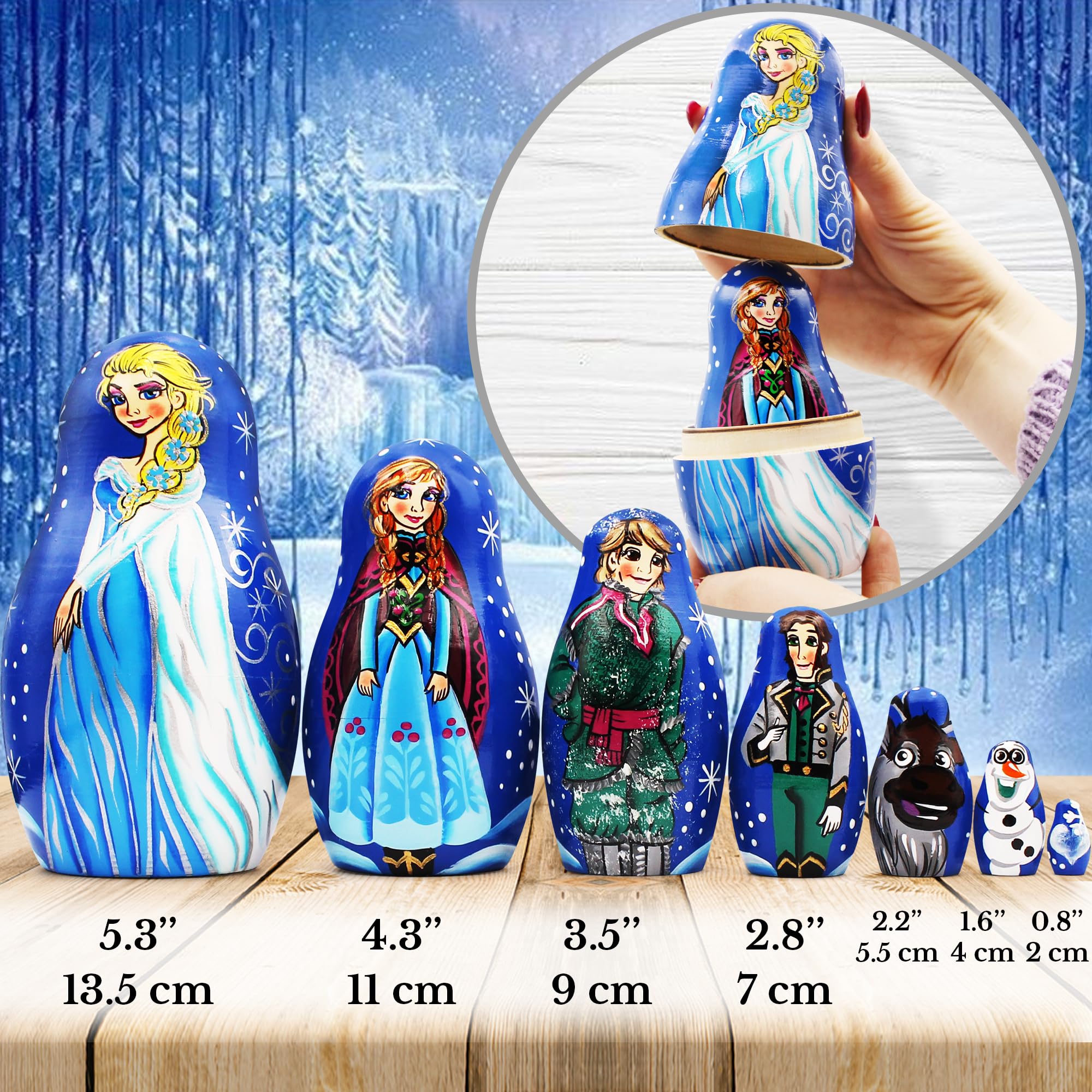 Matryoshka Russian Nesting Doll Babushka Beautiful Cartoon Characters Frozen Elsa Set 7 Pieces Pcs Wooden Hand Painted Souvenir Craft Gift
