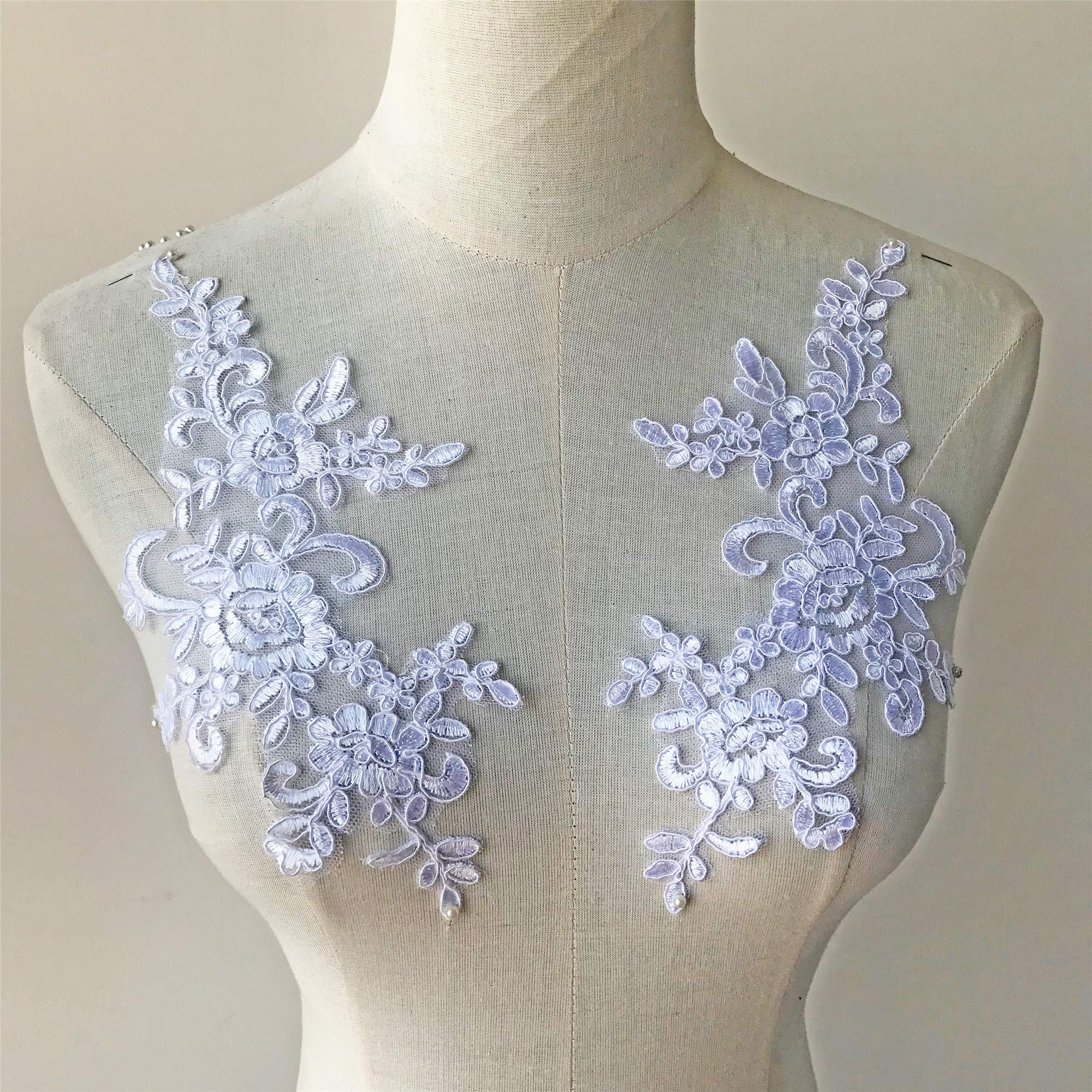 Mirror Pair Delicate Corded Embroideried Lace Appliques Wedding Lace Patches Bridal Floral Sewing Appliques DIY For Dress Veiling Evening Gown (White)
