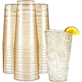 R-kay 16 oz Gold Glitter Plastic Cups For Party - 50 Pack Gold Plastic Cups - Hard Disposable Cups - Premium Heavy Duty Gold Cups - Disposable Cocktail Glasses - Party Cups (50 Pack, 16, ounces)
