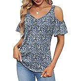 Micoson Cold Shoulder Tops for Women Summer Short Sleeve Shirts Ladies Floral Ruched Blouse Classic Cute V Neck Tunic