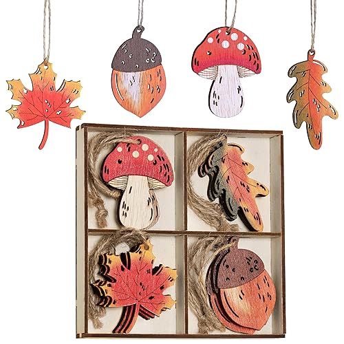 Valery Madelyn 12pcs 6cm Autumn Decorations, Wooden Hanging Tree Ornaments with with Maple Leaves, Acorn and Mushroom,Pendants for Harvest Fall or Halloween Home Decor