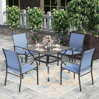 HERA'S HOUSE 5 Pieces Patio Dining Set, Outdoor Table and Chairs Set for 4, 4 x Blue Textilene Dining Chair, 37" Square Metal Dining Table, for Lawn Garden Backyard Deck