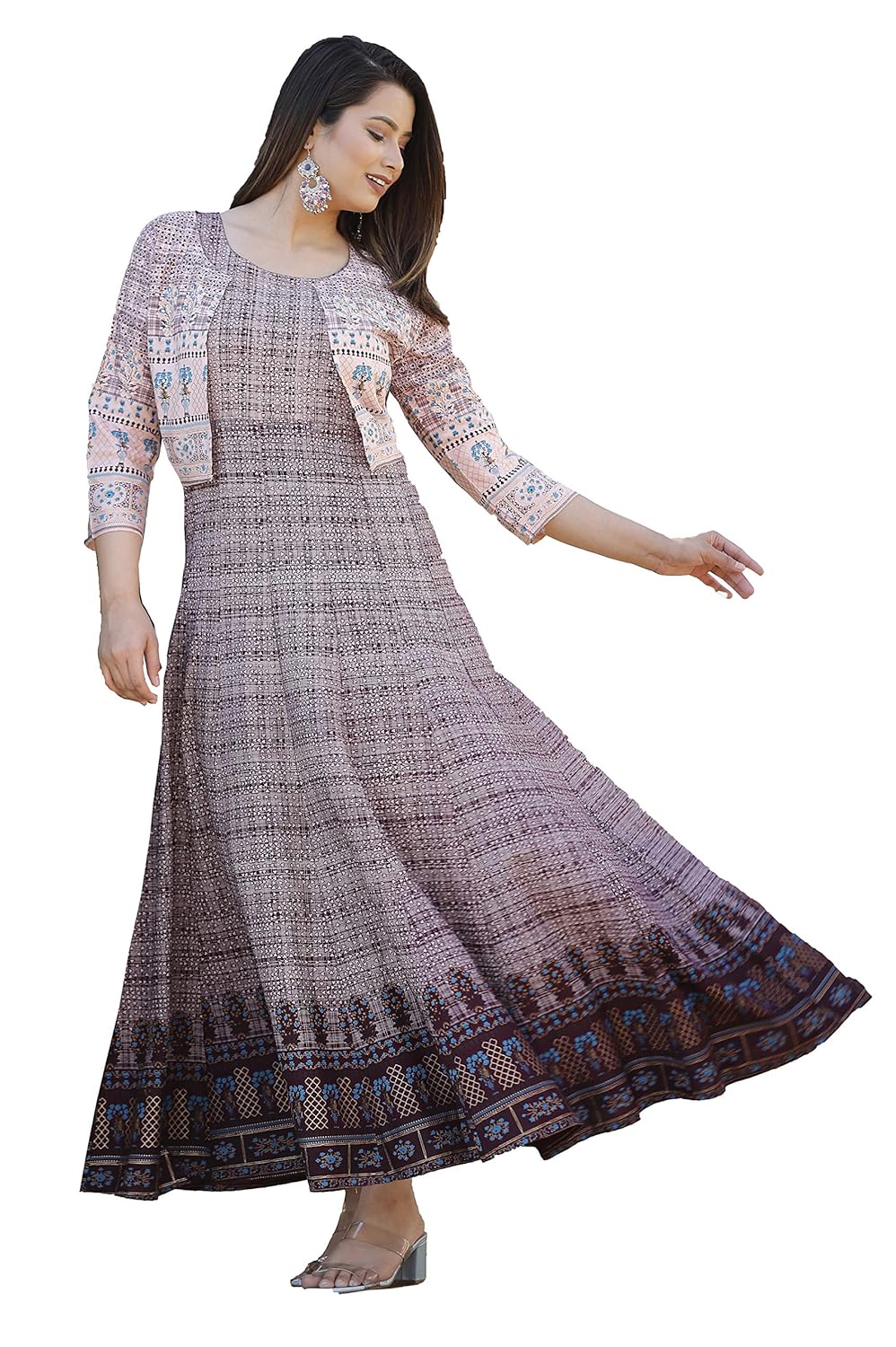 Buy Celebravo Printed Rayon Anarkali Kurti with Embroidered Jacket for