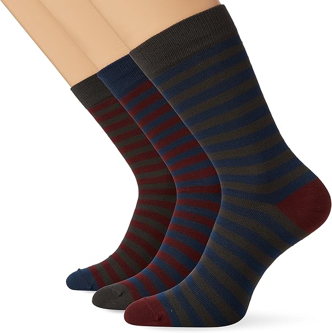 William Hunt Men's 3Pack Striped Socks, Multicolour (Grey, Burgundy