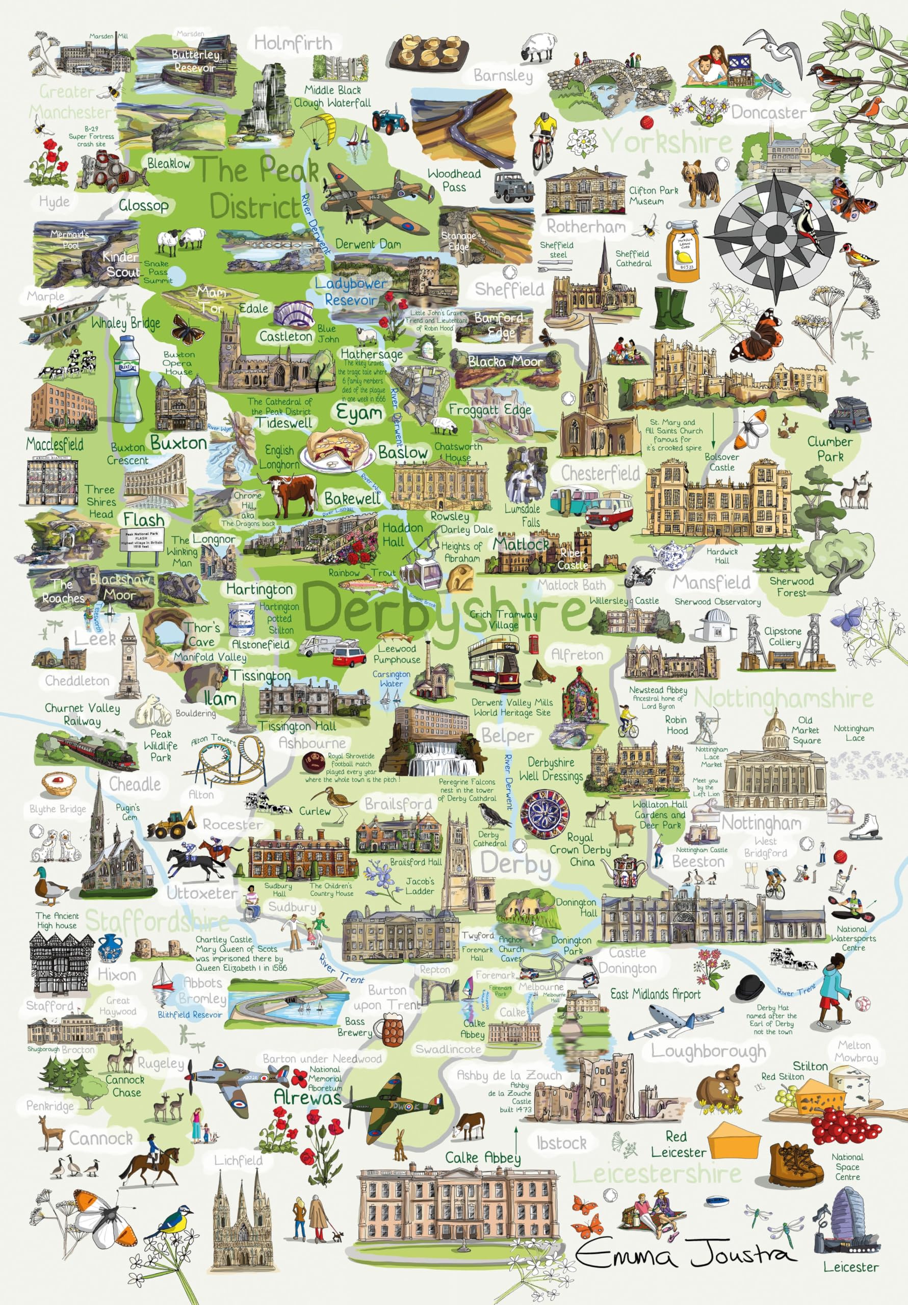 Derbyshire Map 1000 Piece Jigsaw Puzzle; Emma Joustra art Collection; Eco-Friendly, Gift for Adults & Families