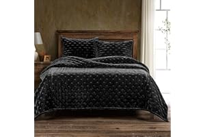 H HIEND ACCENTS HiEnd Accents Stella Faux Silk Velvet Quilt, King Size, Black Solid Color, Romantic Modern Western Traditional Style Luxury Bedding
