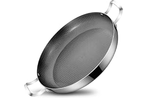 14 Inch Stainless Steel Paella Pan, Nonstick Ceramic Coating & Induction Compatible Large Skillet, Jumbo Cooker for Spanish R