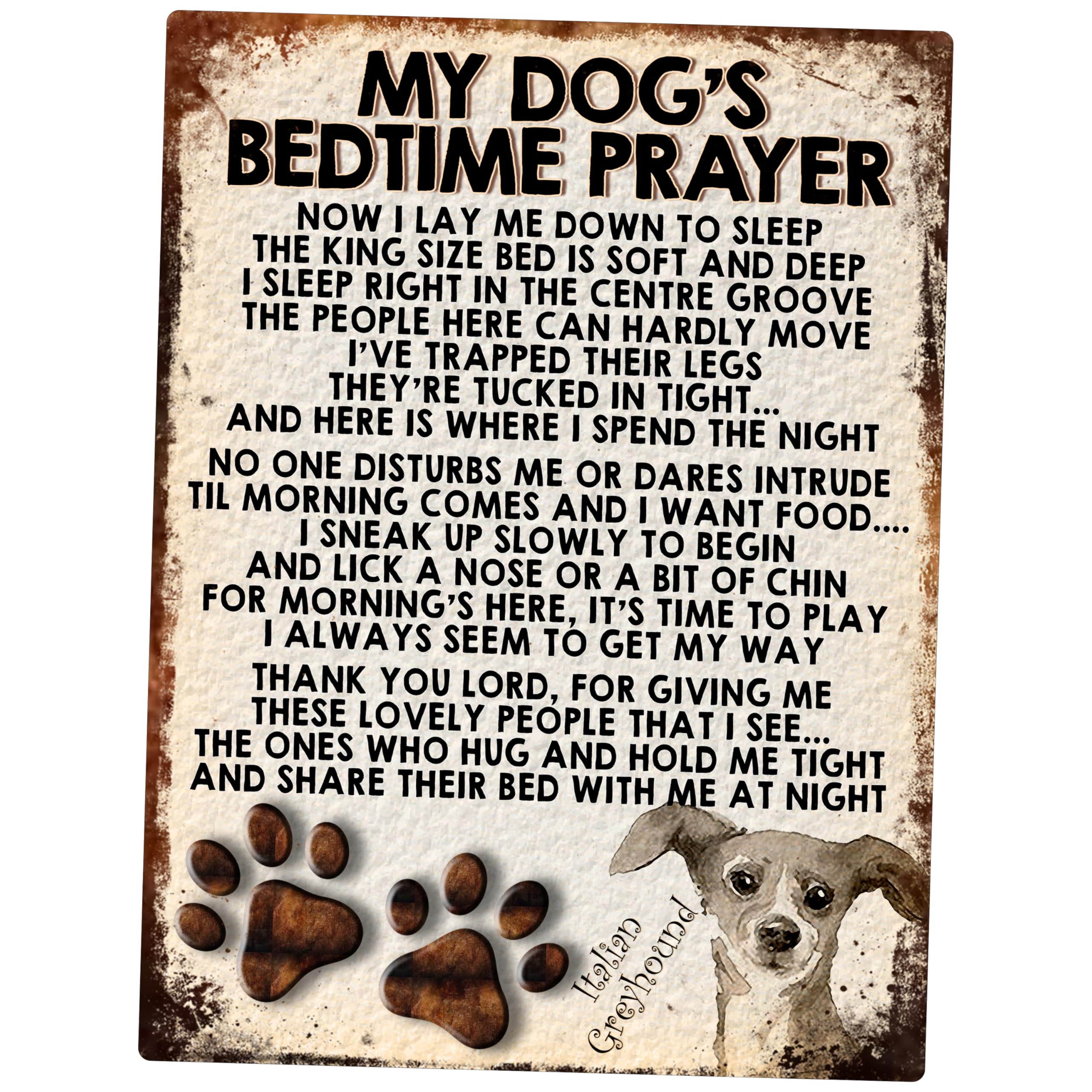 MY DOG'S BEDTIME PRAYER RETRO STYLE METAL TIN SIGN/PLAQUE (ITALIAN GREYHOUND)