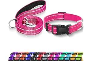 Maiiu Reflective Dog Collar with Safety Locking Buckle, Adjustable Soft Breathable Nylon Collars for Small, Medium and Large Dogs(Collar+Leash XS Width 5/8" Hotpink)