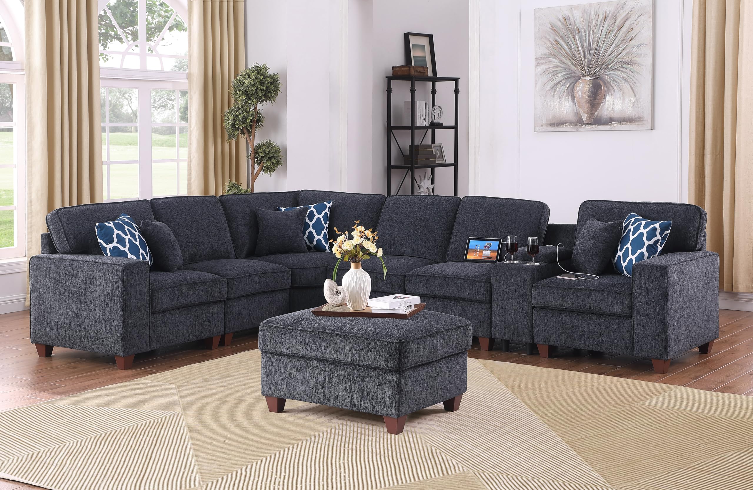 Photo 1 of *LEFT ARM CHAIR ONLY*YOPTO 127" L-Shaped Sectional Couch with Movable Ottoman&6 Throw Pillows,7 Seat Chenille Upholstered Sofa W/2 Cup Holder,USB Port&Hidden Storage Box,DIY Combination,for Living Room,Apartment,Dark Gray