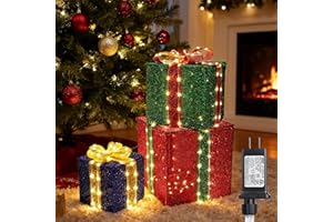 JYOIAT Set of 3 Christmas Lighted Gift Boxes - Pre lit Presents Christmas Boxes with Different Sizes for Holiday Indoor Outdoor Decoration (Warm White, Small)