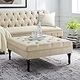 Rosevera Puebla Square Tufted Cocktail Ottoman Bench Soft Fabric, All Foam, Wood Frame Modern Coffee Table Living Room Lounge Furniture,Beige Linen
