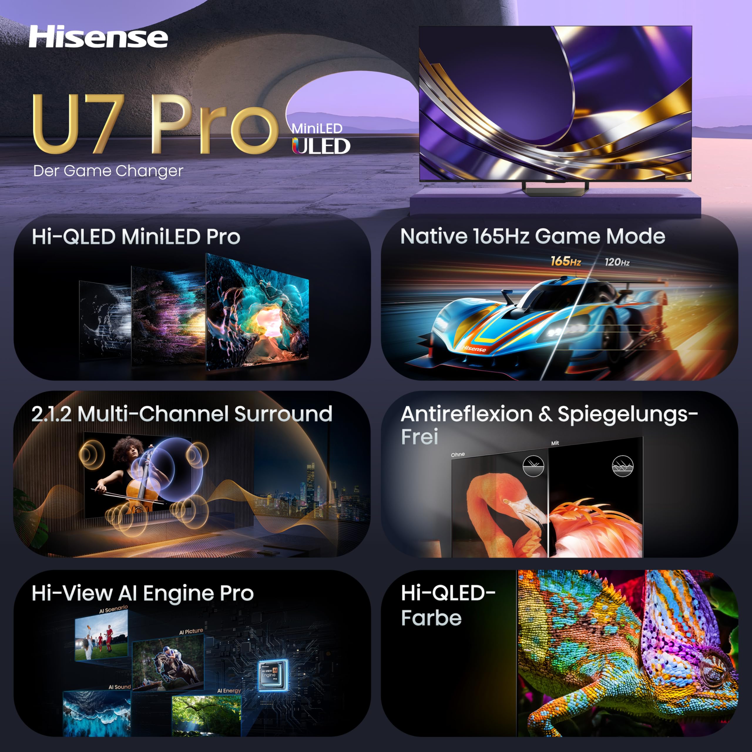 Hisense 75U7DS PRO Fernseher 75 Zoll, 4K UHD, Hi-QLED Mini LED Pro, Smart TV, 165Hz, Hi-View AI Engine Pro, IMAX Enhanced, AI RGB Lichtsensor, Dolby Vision.Atmos, Unibody Slim, FreeSync Premium [2026] 3