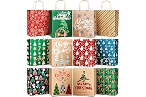 DeckTheHalls Christmas Bags, Small Holiday Kraft Paper Bags, 24 Pack & 12 Styles Bulk Gift Bags With Handles, Retail Bags, Party Bags, Goody Bags for Xmas Party Favors