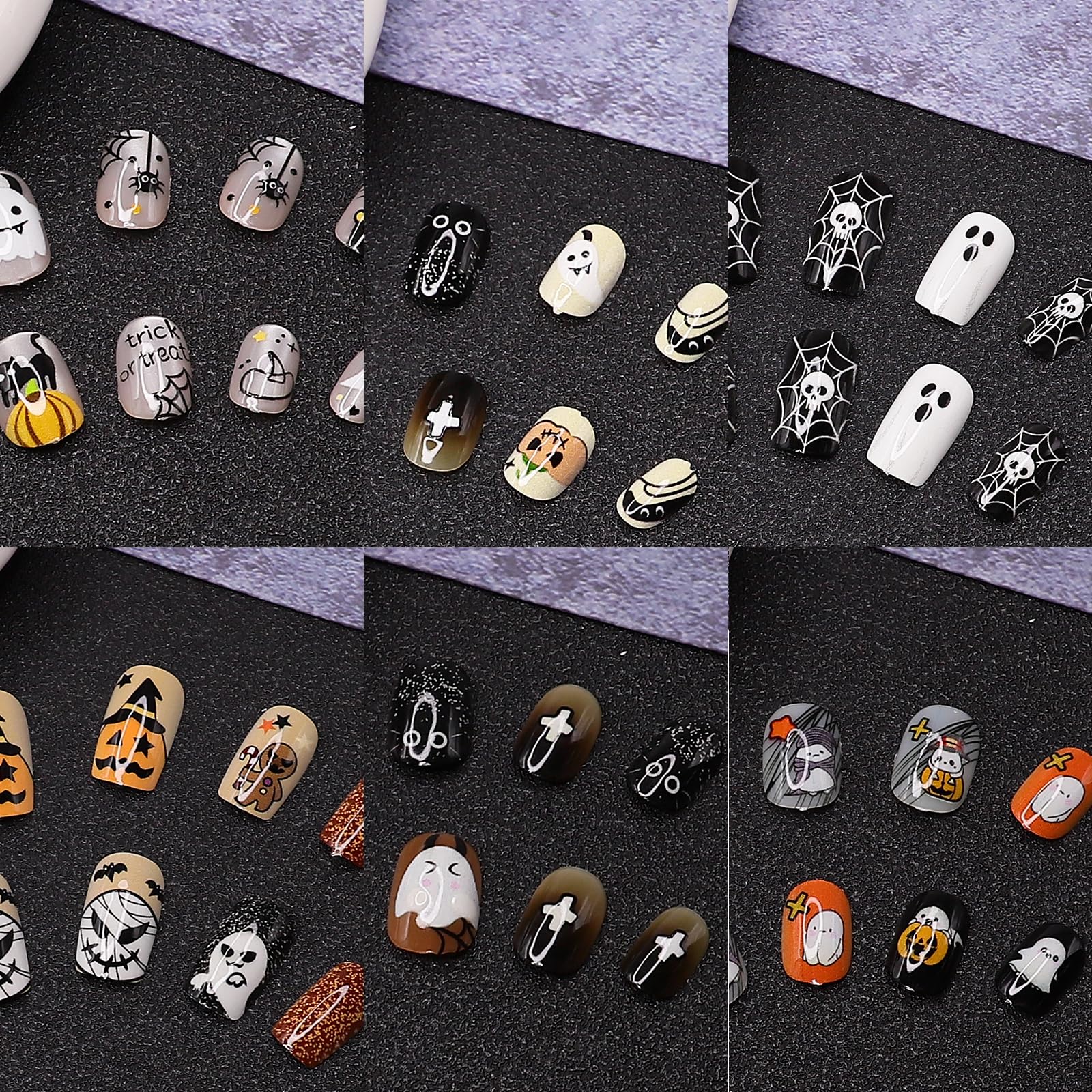Photo 1 of 144Pcs Halloween Press on Nails False Nails, Square Acrylic Glue on Nails, Reusable Full Cover Stick on Nail kit for Women and Girls - 6Packs (6 Styles)