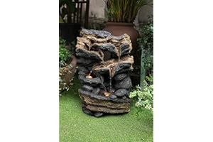 CHENGPIN Cheng Pin Stump Outdoor Freestanding Fountains Rock Waterfall Fountain with LED Lights and Pump. 23 Inch Tall Gray