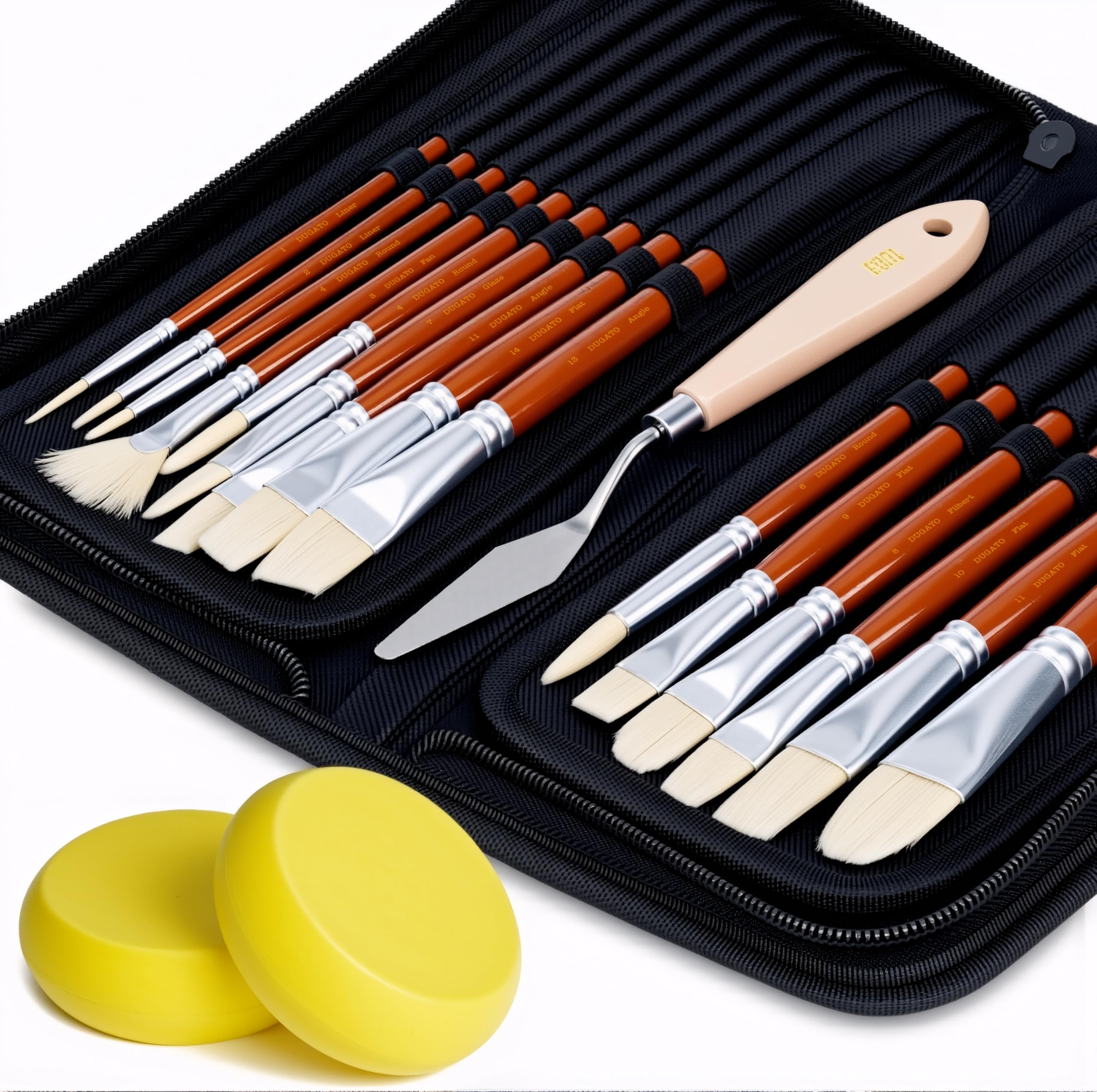 Photo 1 of DUGATO Artist Paint Brush Set (15pc) - Short Handle Hog Bristle Brushes for Oil, Acrylic, Gouache, Watercolor - Includes Pop-Up Case, Palette Knife & Sponges - Professional Art Supplies