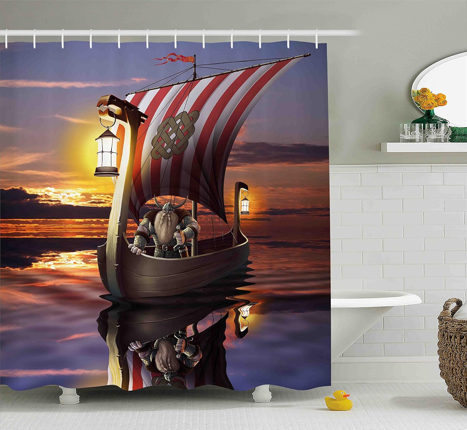 Ambesonne Viking Shower Curtain, A Warrior in a Ship