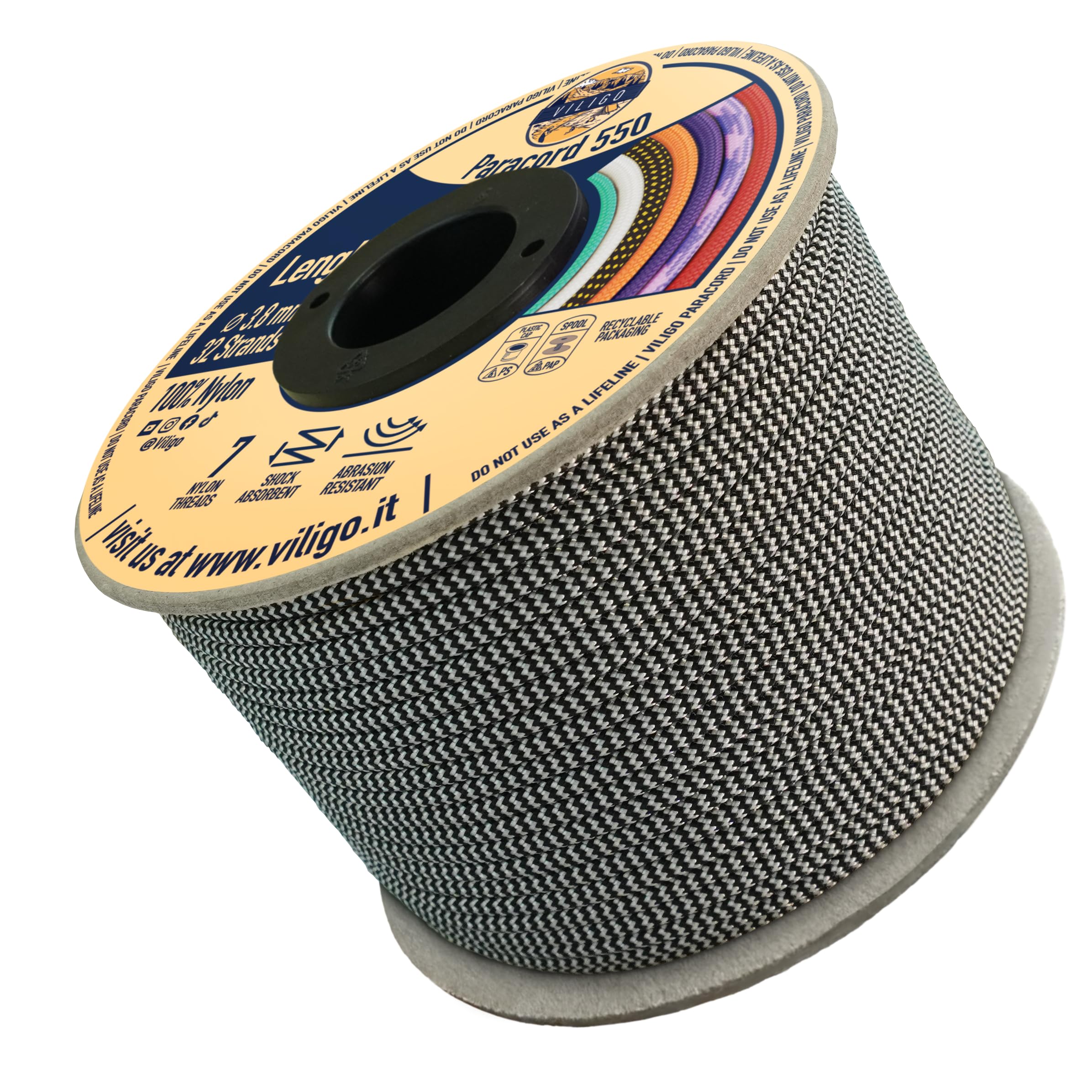 VILIGO Paracord 550 - Type III (3.8 mm) - Nylon Braid, 7 Inner Strands, Ideal for Camping, DIY Projects, Bracelet Making and Accessories (15 m, Radio)