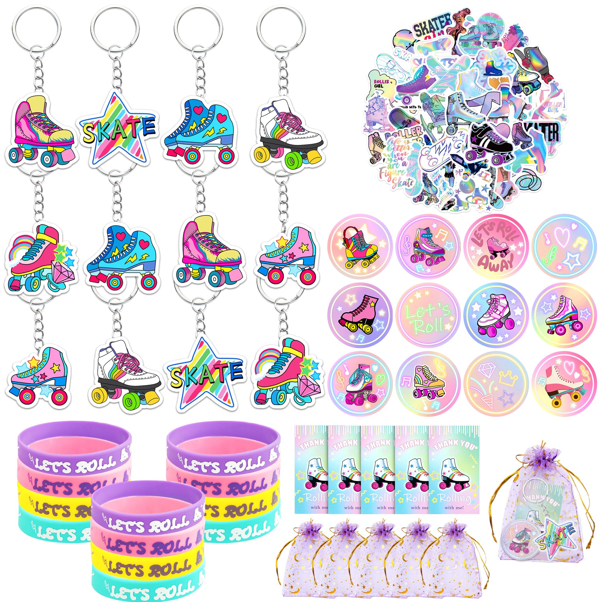 Photo 1 of 110 PCS Roller Skate Party Favors Skating Party Supplies with Key Chains Button Pins Stickers Rubber Bracelets for Hip Hop Disco 80s 90s Themed Party (style 1)
