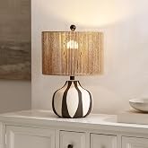 SAFAVIEH Lighting Collection - Devi Cream &amp; Black Ceramic Table Lamp, 20" Decorative Accent Light with Rattan Shade, E26 Bulb Compatible (TBL4655A)