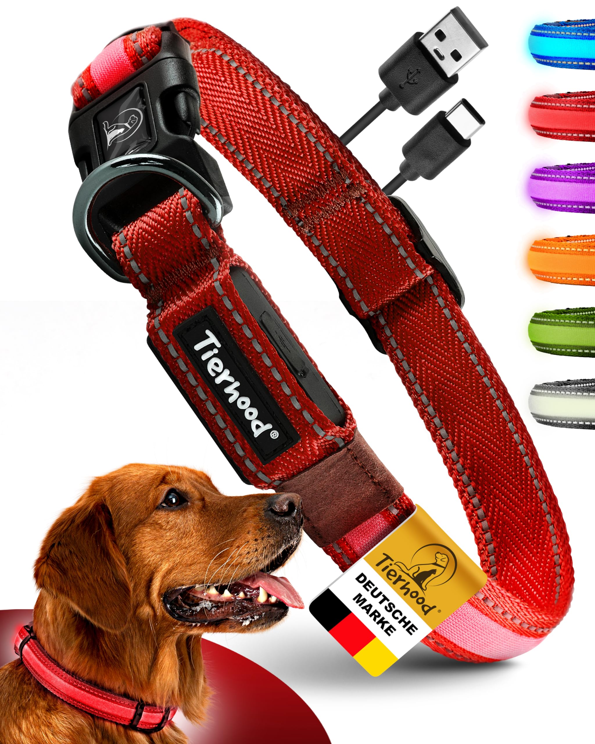 Tierhood Luminous Dog Collar - Luminous Collar for Small and Large Dogs - LED Dog Collar Rechargeable - Durable, Weatherproof and Comfortable - Ideal for Night Walks - Red, Size L — image 1
