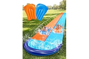 Sloosh 32.5ft Double Water Slide, Heavy Duty Lawn Water Splash Toy with Sprinkler and 2 Inflatable Boards for Kids Adults Bac
