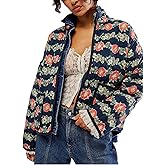 VAOYIU Women's Loose Retro Striped Quilted Jacket Stand Collar Cropped Puffer Outerwear Vintage Coat with Contrast Trim