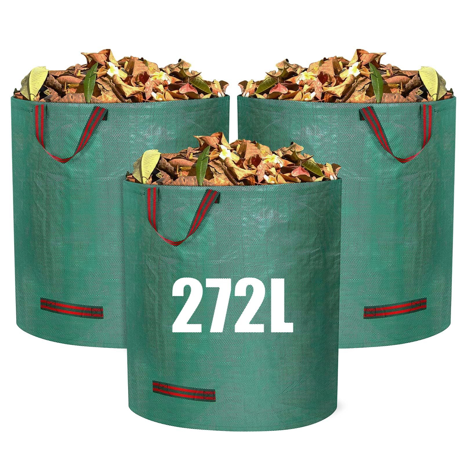 Newthinking 3 Pack Heavy Duty Garden Refuge Sacks, 272 L/Sack, Reusable Garden Waste Bags with Secure Handles and Flexible Hoop, Leaf Mould Bags for Garden Tidying Grass Cuttings and Leaves