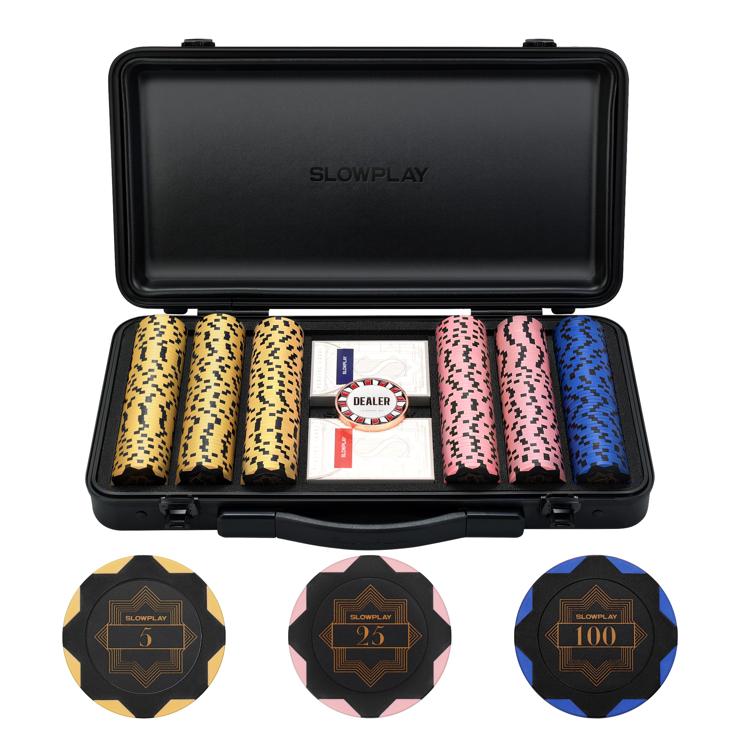 SLOWPLAY Nash 14g Clay Poker Chip Set Black Gold Edition– 300PCS Core Set for Texas Hold’em | Numbered Chips: 5, 25, 100 | Premium Case with Durable German Polycarbonate Shell