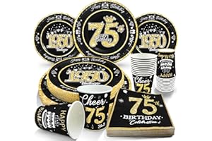 algpty 75th Birthday Decorations Black and Gold, Service for 30, Vintage 75th Birthday Party Supplies Includes Black Vintage 1950 Plates, Napkins, Cups, Plates and Napkins for Men Women