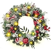 Yoyomax Pre-Lit Artificial Christmas Wreath - 24 Inches, Red/White, Indoor/Outdoor, Lighted Spruce Wreath