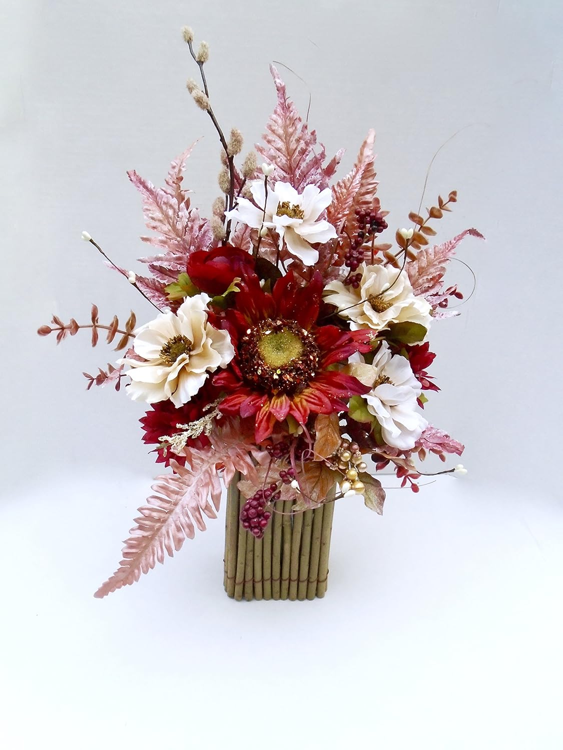 Amazing Fall Floral Arrangement in Rustic Twig Vase Handmade