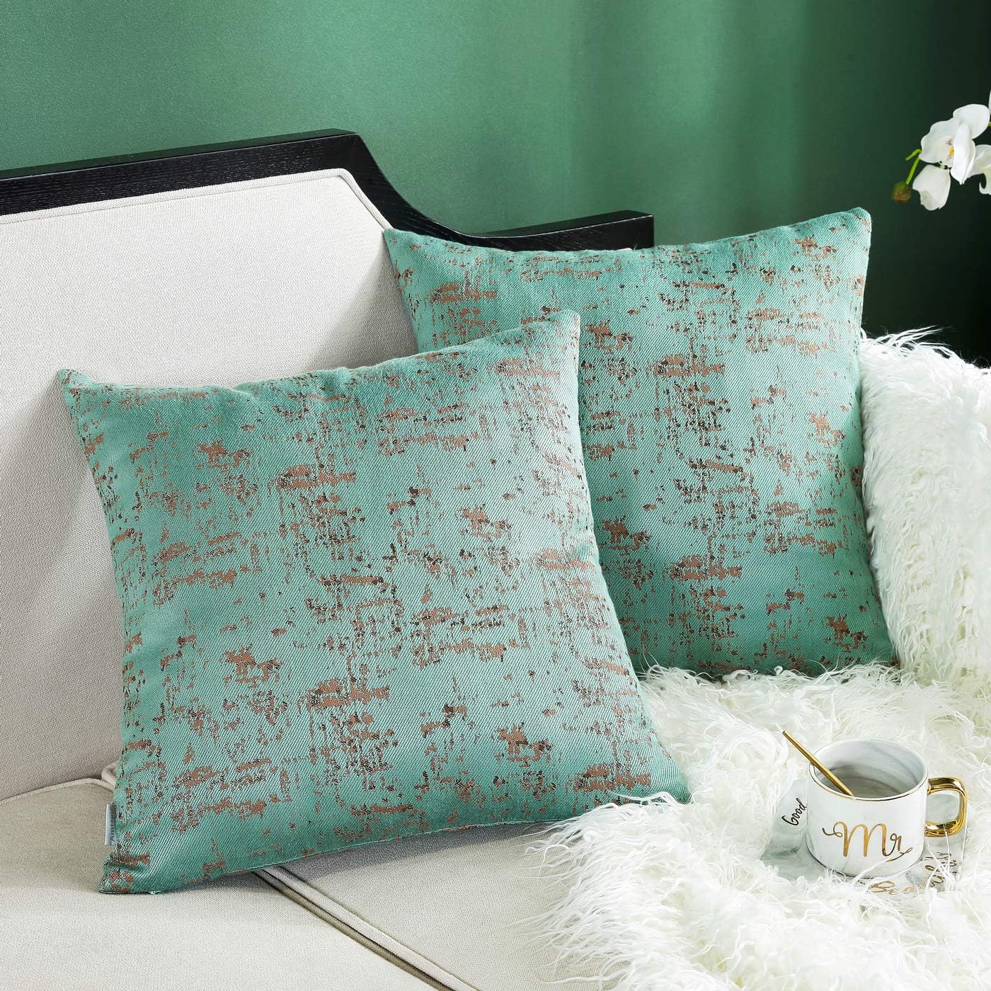 AmHoo Pack of 2 Abstract Textured Art Cotton Blend Throw Pillow Covers Double-Sided Jacquard Pillowcase Home Decorative Cushion Cover for Couch Sofa 16x16 Inch Teal