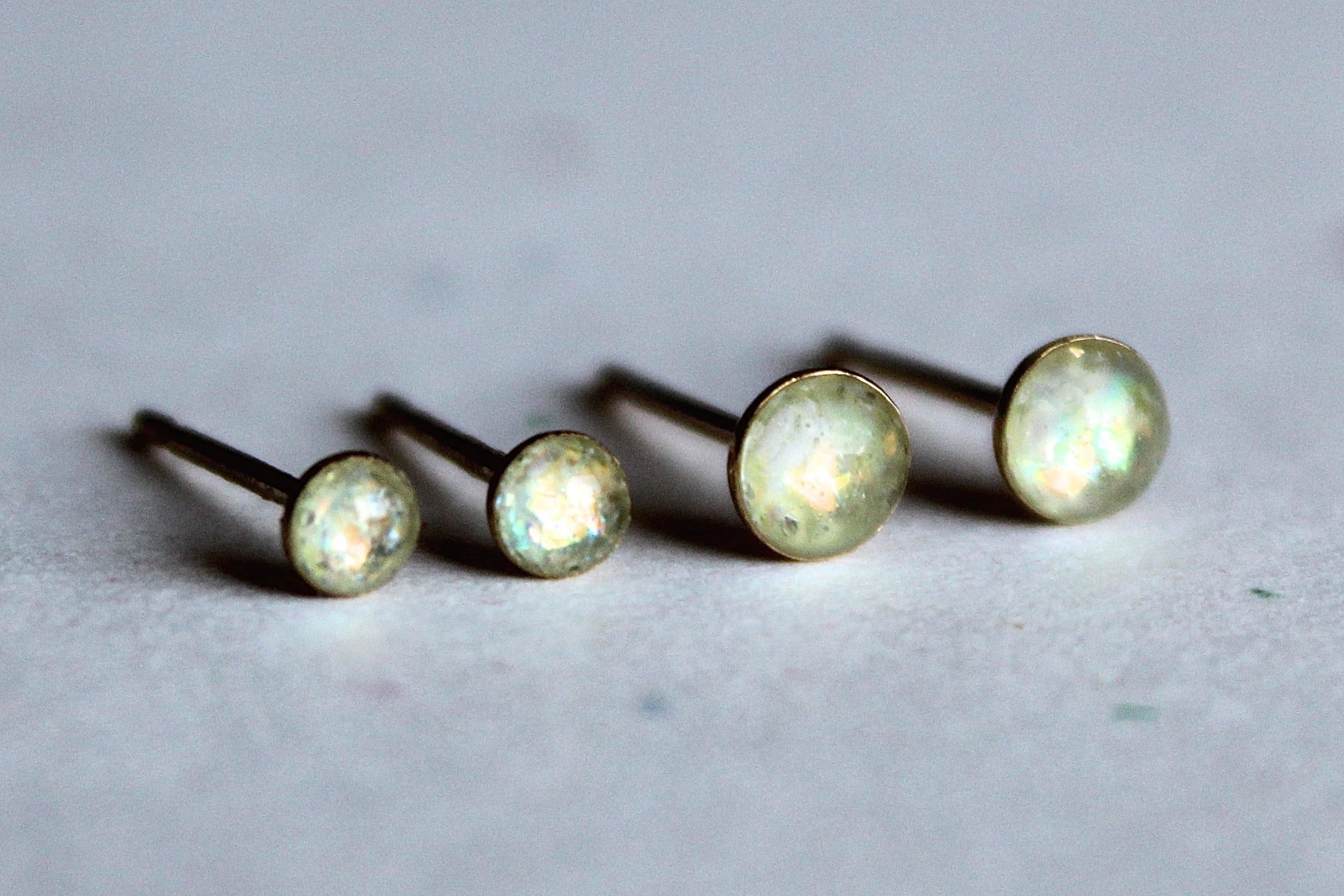 Pistachio Opalescent Tiny Stud Earrings Double Set, 21g: 1.5mm, 2mm, 3mm , 4mm, 5mm, 6mm Sizes; 316L Surgical Steel, 304 Stainless Steel; Ball, Dome, Bezel, 3-Prong Talon Claw Setting