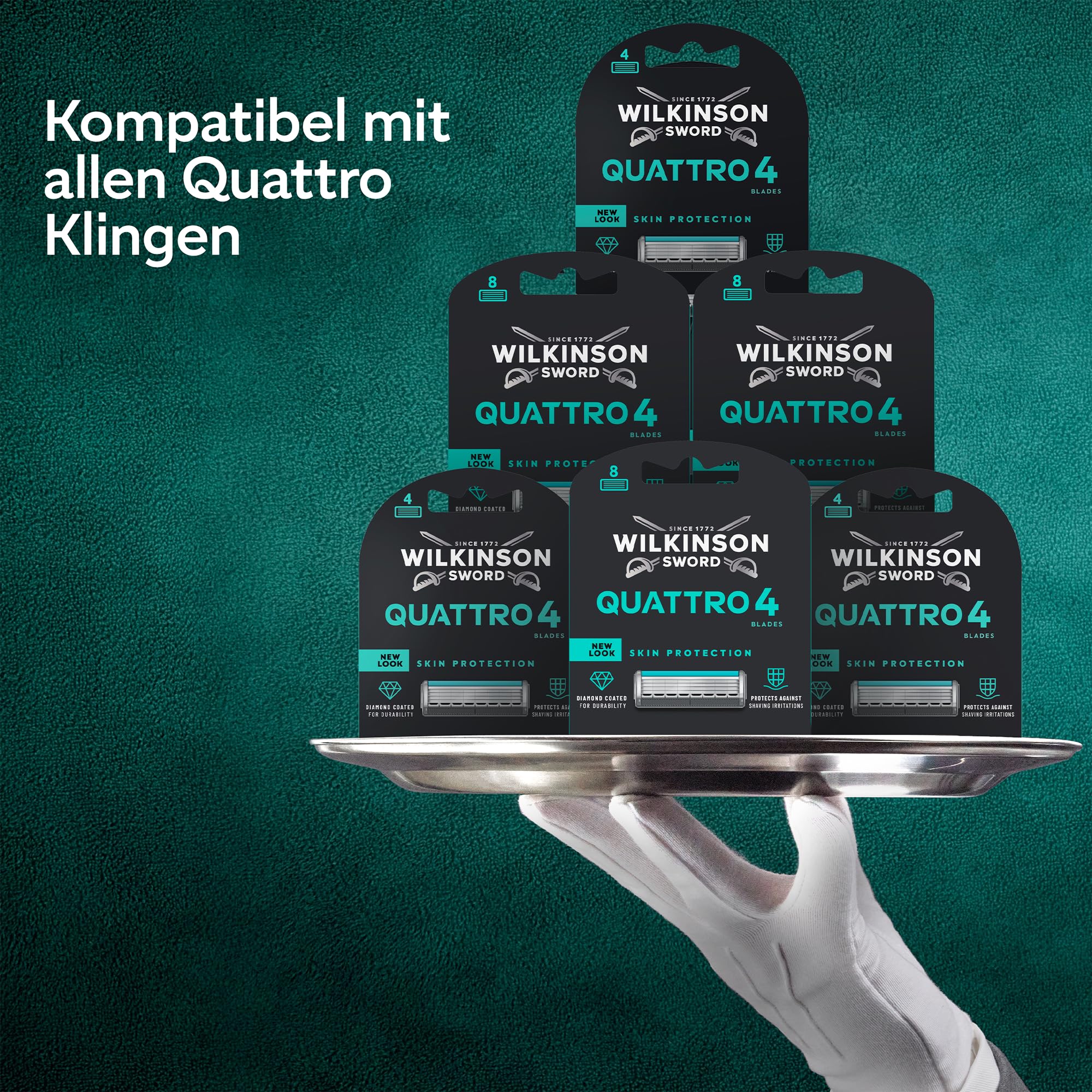 Wilkinson Sword Quattro Herrenrasierer, Vorteilspack, 4 diamantbeschichtete Klingen, Rasierergriff plus 5 Ersatzklingen 6