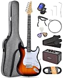 Leo Jaymz Beginner Electric Guitar Complete Kit with Portable Amp, Padded Gig Bag & Full Accessories, Maple Neck SSS Pickups (Sunburst)