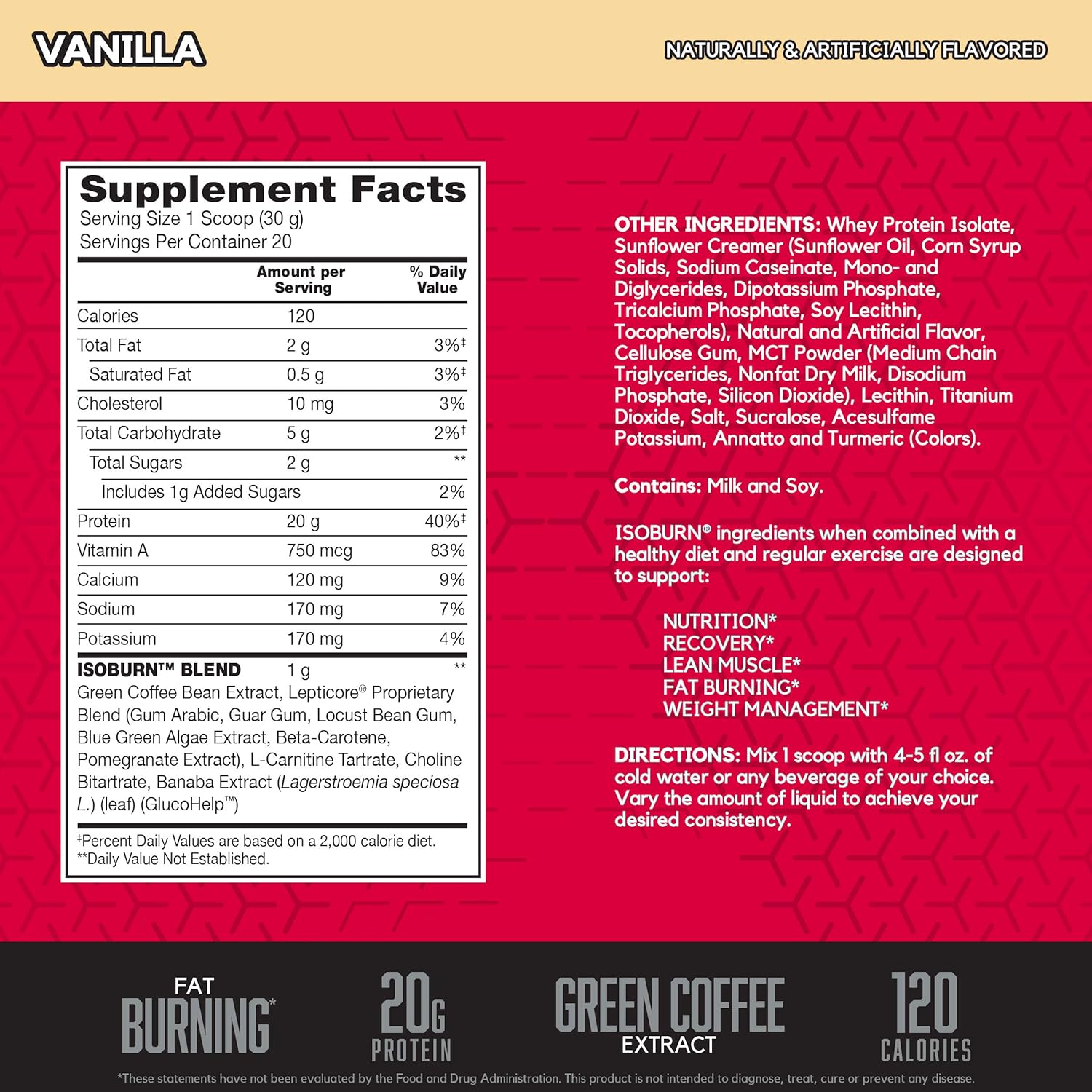 BSN ISOBURN, Lean Whey Protein Powder, Fat Burner for Weight Loss with L-carnitine - Vanilla Ice Cream, (20 Servings): Health & Personal Care