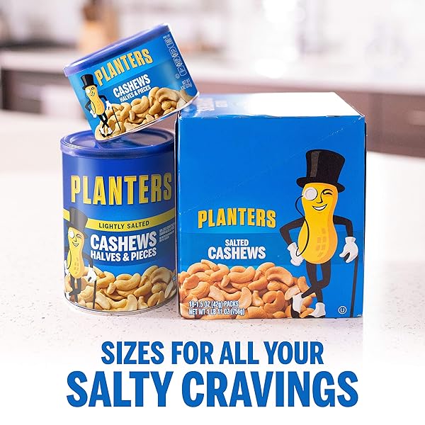 PLANTERS CASHEW HALVES & PIECES, 8 OZ CANISTER – CASHEWS ROASTED IN PEANUT OIL – SEASONED WITH SEA SALT – SNACKS FOR ADULTS – RESEALABLE LID FOR LONG-LASTING FRESHNESS – KOSHER