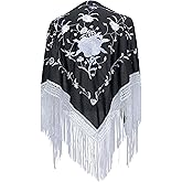 La Senorita Spanish Flamenco Dance Shawl black with white flowers and Fringes