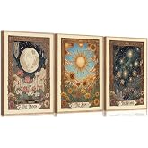 3Pcs Tarot Wall Art Vintage Sun And Moon Celestial Botanical Canvas Posters Print Boho Flower Mystical Astrology Painting for bedroom living room meditation space Decoration Unframed