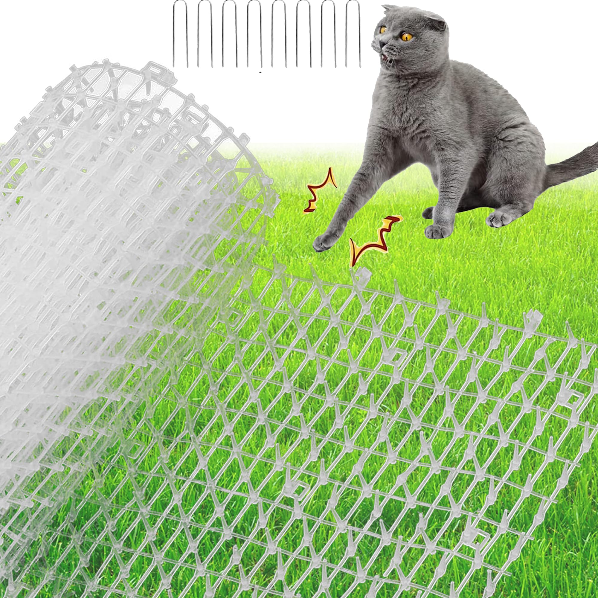XFLYP Cat Scat Mats, 2mx30cm Prickle Strip Dig Stopper with Deterrent Spikes, Cat Repellent Mat Scat Mats, Anti Cat Dog Deterrent Fox for Garden Fence Can be Cut and Spliced & 8 U-shaped Pegs(White)