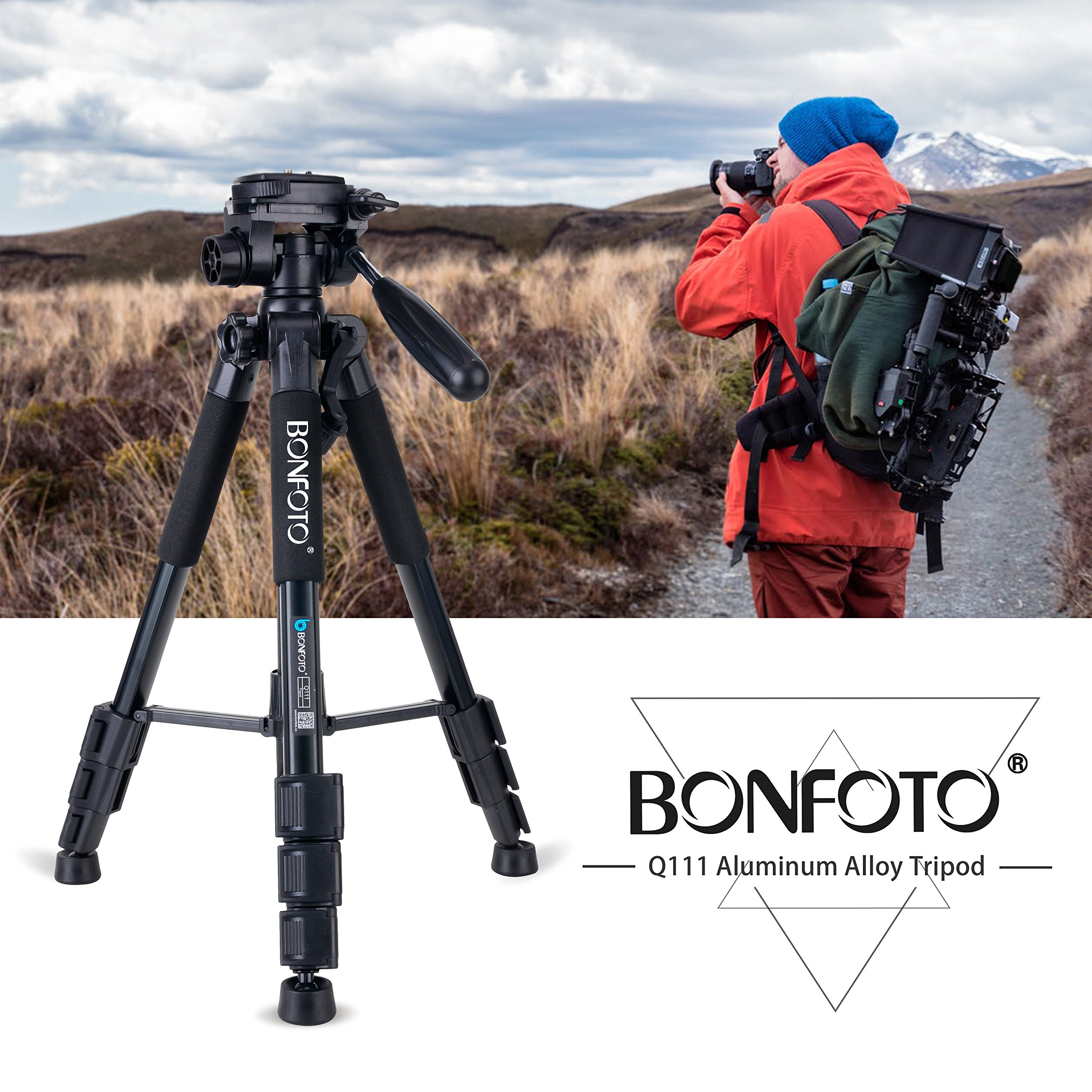 BONFOTO Q111 55-Inch Professional Compact Aluminum Camera Tripod Camcorder Stand with Pan Head Plate and Phone Holder Mount for DSLR Canon Nikon Sony DV Video and Smartphones(Black)