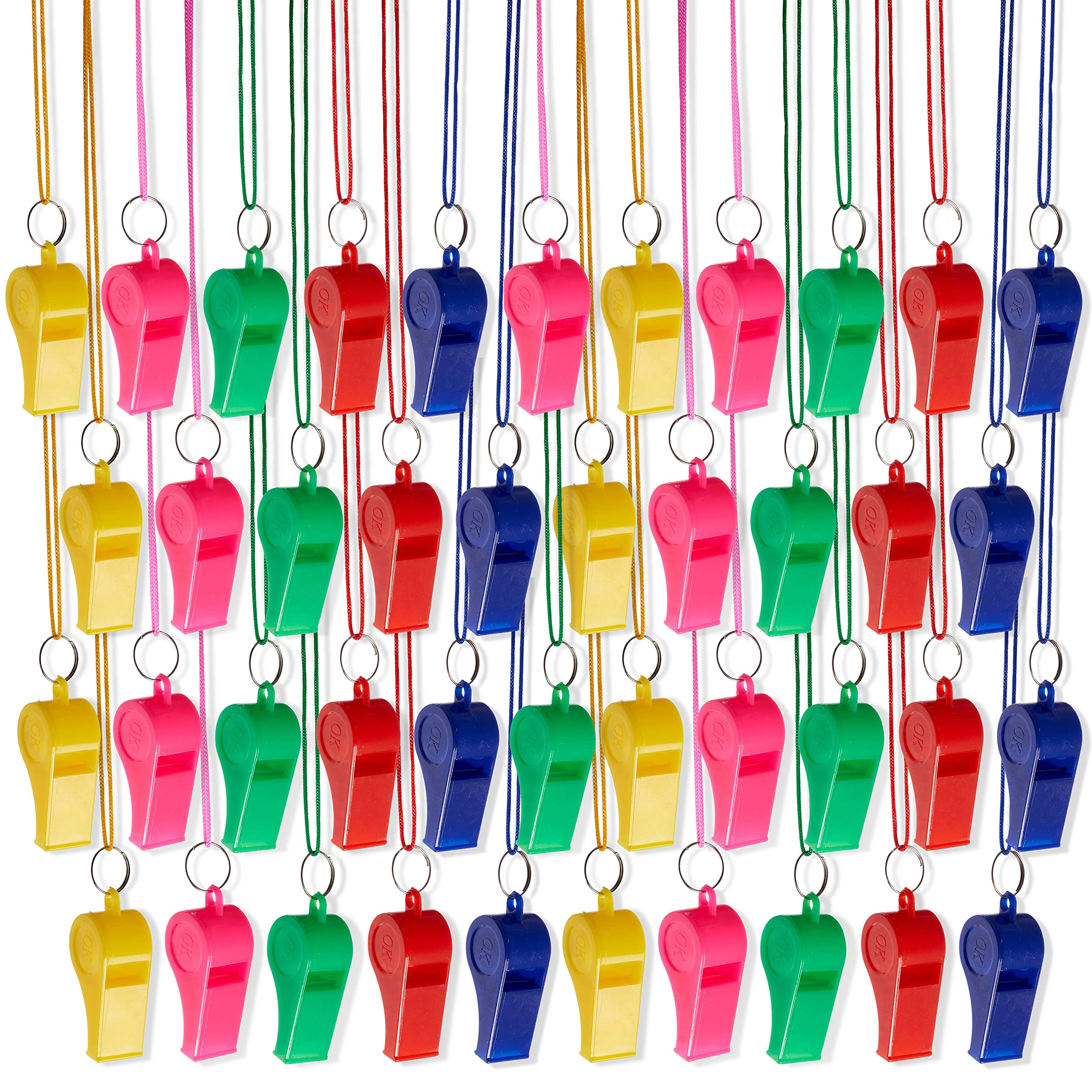 THE TWIDDLERS 60-Piece Neon Plastic Whistles with Lanyards - Loud Sports Whistle Multipack in Assorted Colours for Kids Party Bags, Football Referees and School Events