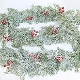 Winlyn 5.7 Ft Artificial Snowy Cedar & Red Berry Faux Greenery Hanging Pine Vine for Holiday Wedding Seasonal Farmhouse Mantle Banisters Decor Tablescape